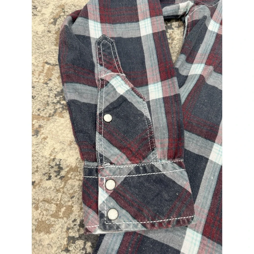 BKE Pearl Snap Shirt Plaid Thick Stitch Mens Size Large Athletic Fit Punk Grunge